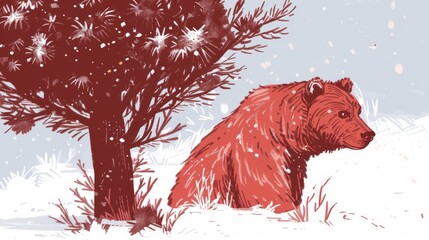 Wall Mural - A man traveling in a snowy forest meeting a bear