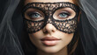 woman wearing a black lace mask, evoking mystery and allure at a masquerade party