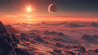 A breathtaking landscape of a rocky alien planet with a sunset and a ringed planet on the horizon under a star-filled sky.
