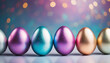 Vibrant holographic Easter eggs on gradient backdrop, symbolizing renewal and celebration, with ample copy space
