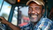 Man grinning while seated in a freight truck's cab. Generative Ai