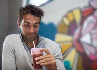 Poster - Happy, drink and smoothie for man with smile for healthy diet of strawberry, fruit and show of beverage. Male person, guy and adult relax with blended cocktail for energy, wellness and nutrition