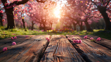 Wall Mural - Wooden path with scattered cherry blossoms leading through a blooming orchard at sunset.