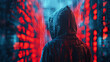 Hacker, cyber security concept. A hooded figure stands amidst a digital environment with matrix-style data streams cascading in the background.