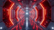 A futuristic corridor illuminated by red neon lights, featuring high-tech walls with panels and a metallic floor leading into the distance.