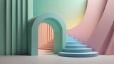Fototapeta  - modern geometric style. Arch and stairs in trendy minimalist interior in 3d
