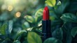© Anastasiia - Red Lipstick Closeup with Blurred Green Leaves in Background. Concept Beauty Photoshoot, Close-up Shots, Red Lipstick, Green Leaves, Soft Focus