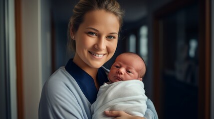 Wall Mural - Late 20s nurse newborn in arms care and gentleness healthcare's nurturing aspect