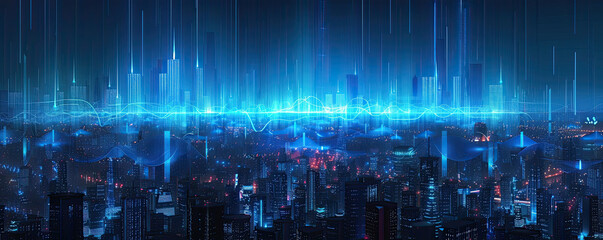 Digital blue sound waves with Smart city skyline and aesthetic Intricate wave line design , big data connection technology concept 