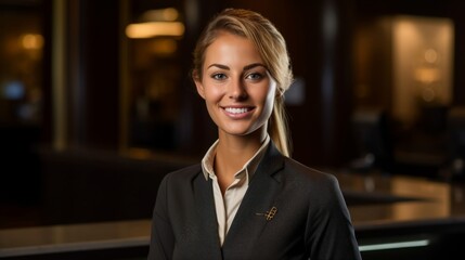 Canvas Print - Warm welcome by hotel desk receptionist bright smile and professional attire