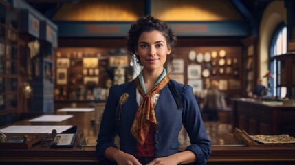 Period-appropriate receptionist at museum showcasing historical era