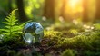 Crystal Earth On Soil In Forest With Ferns And Sunlight - The Environment - Earth Day Concept