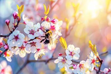 Wall Mural - A bee on the flowers of an apple tree. Close-up. A bee on the white flowers of a branch.