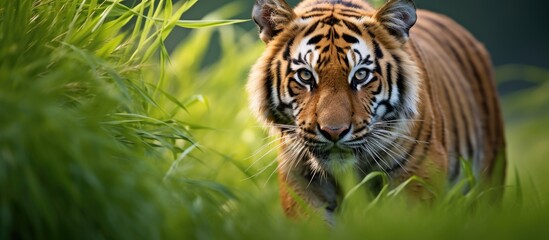 Sticker - A Siberian tiger is standing in the grass, with its whiskers twitching as it looks directly at the camera. This majestic big cat is a carnivorous member of the Felidae family