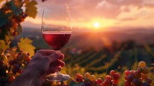 Winemaker Holding A Glass Of Wine At The Winery. Vineyard Fields Background At Sunset. Wine Making Concept. Ripe Grape Bunches Growing Outdoor.