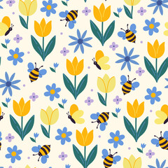 Wall Mural - Seamless pattern with bees, butterflies and flowers. Vector graphics.