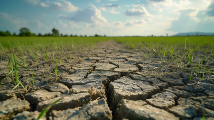 Wall Mural - Land with dry and cracked ground and green field .Desert, Global warming background