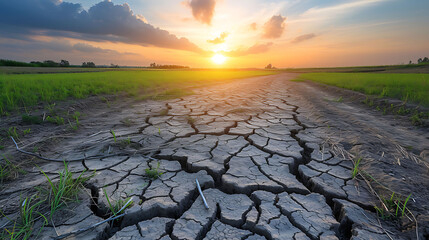 Wall Mural - Land with dry and cracked ground and green field .Desert, Global warming background