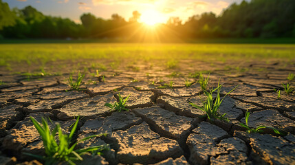 Wall Mural - Land with dry and cracked ground and green field .Desert, Global warming background