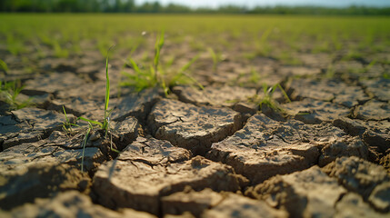 Wall Mural - Land with dry and cracked ground and green field .Desert, Global warming background