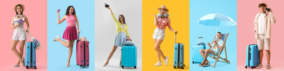 Sticker - Set of happy tourists with luggage on color background