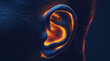Digital representation of a human ear with glowing orange edges on a blue background,ai generated