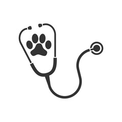 Wall Mural - Veterinary medicine symbol. Pet paw print and stethoscope graphic icon. Sign isolated on white background. Vector illustration