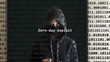 Cyber attack zero-day exploit text in foreground screen, anonymous hacker hidden with hoodie in the blurred background. Vulnerability text in binary system code on editor program.