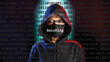 Cyber attack smishing text in foreground screen, anonymous hacker hidden with hoodie in the blurred background. Vulnerability text in binary system code on editor program.