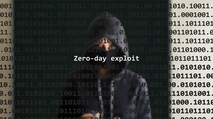 cyber attack zero-day exploit text in foreground screen, anonymous hacker hidden with hoodie in the 