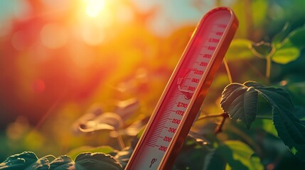 Wall Mural - thermometer sun high degrees. hot summer day. high summer temperatures
