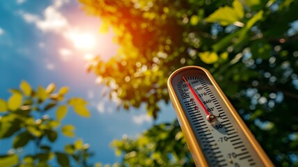 Wall Mural - thermometer sun high degrees. hot summer day. high summer temperatures