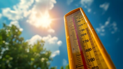 Wall Mural - thermometer sun high degrees. hot summer day. high summer temperatures