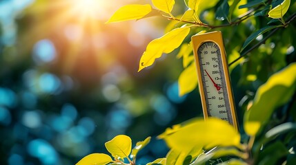 Wall Mural - thermometer sun high degrees. hot summer day. high summer temperatures
