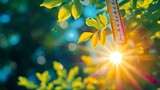 Fototapeta  - Thermometer Sun high Degrees. Hot summer day. High Summer temperatures