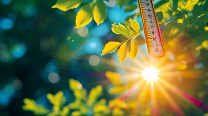 Wall Mural - thermometer sun high degrees. hot summer day. high summer temperatures