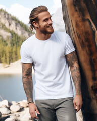 Wall Mural - Male model posing outdoors with plain white canvas t-shirt mockup