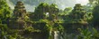 Mystical ancient ruins overgrown in lush forest - An enchanting panoramic image of overgrown ancient ruins amidst a dense, sunlit forest, exuding mystery and history