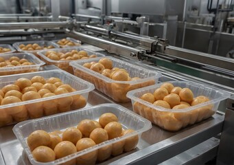 Packing food in plastic box in production line