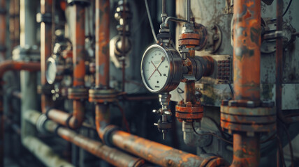 Wall Mural - Vintage industrial pipes and gauges in an atmospheric setting.