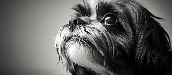 Sticker - A black and white photo featuring a shih tzu dog, a small toy breed known for being a companion dog. The dog is looking up with a cute expression on its snout