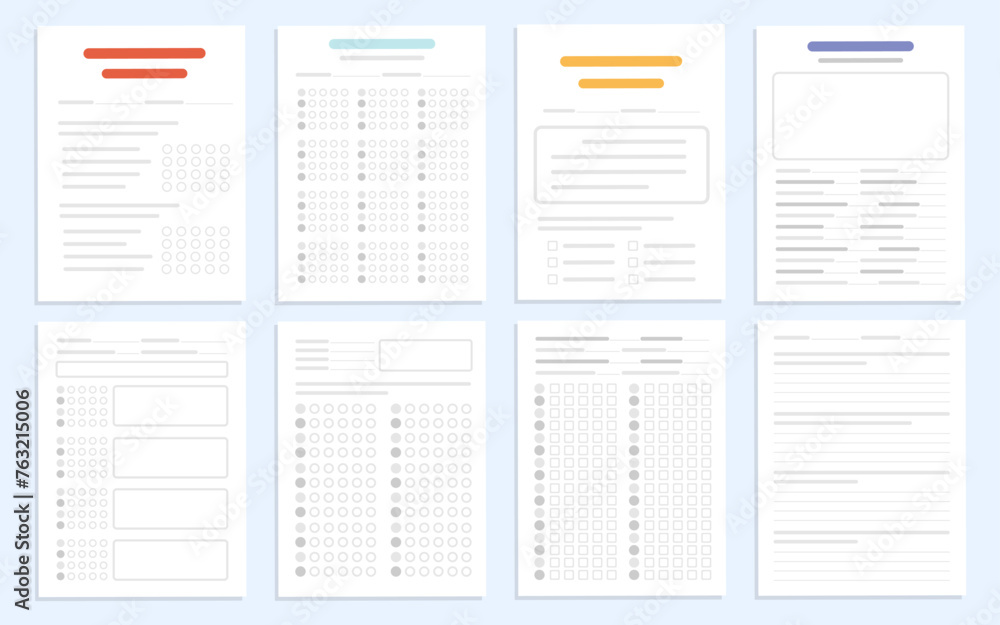 Set of exam documents in flat design, Simple design exam sheets school test, Questionnaire examination form for college and university education, Paper worksheet kit isolated with task and answer, Vec