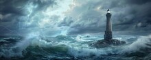 Intense Storm Surrounding Lighthouse In Ocean