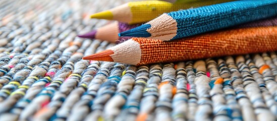 Wall Mural - A variety of colored pencils are scattered across a textured rug, showcasing a beautiful blend of Electric blue shades. The textile pattern beneath them adds to the artistic display