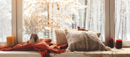 Sticker - In the room, there are candles and pillows neatly arranged on the wooden window sill, creating a cozy and comforting atmosphere