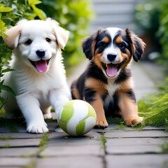 two little puppies playing together with ball