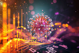 Fototapeta  - 3d coronavirus model with data visualization graphs and figures, modern virus research with data mapping and big data