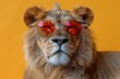Cartoonish lion with hip tinted glasses, mellow yellow background