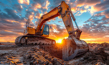 Excavating Machinery At The Construction Site, Sunset In Background.