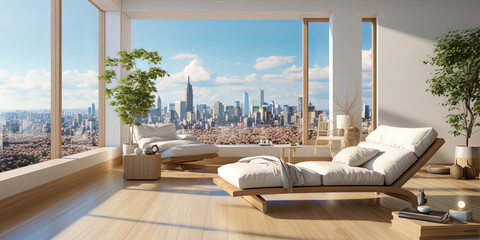 Poster - A bright room, with a large window and a panoramic look, like a look into an endless distanc